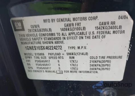 2004 Chevrolet Trailblazer Ext Ls из США, поврежденный, VIN 1GNES16SX46224272